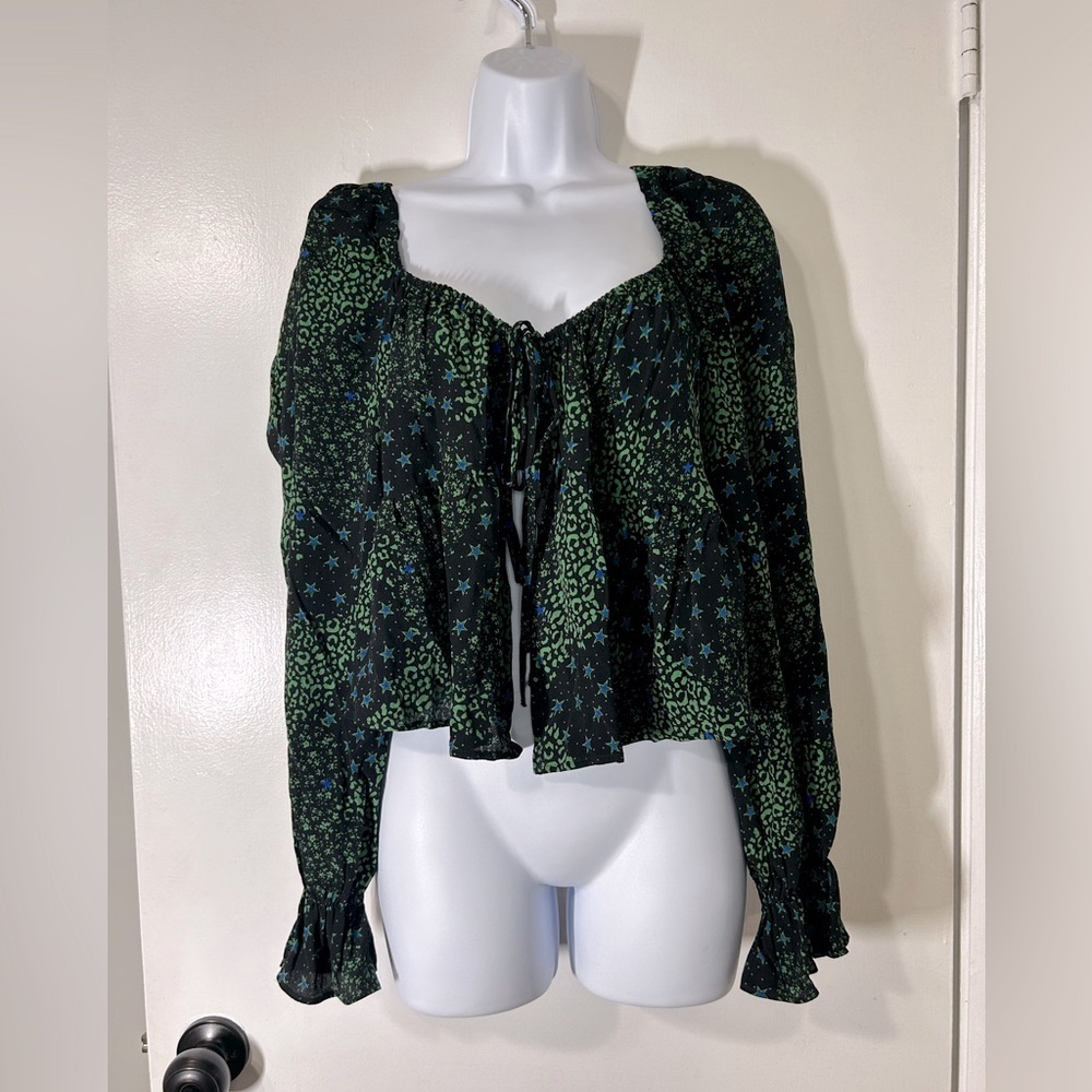 Topshop Stars Whimsy Goth Fairy Mix Print Tie Front Shirt Kelly Green Size US 10